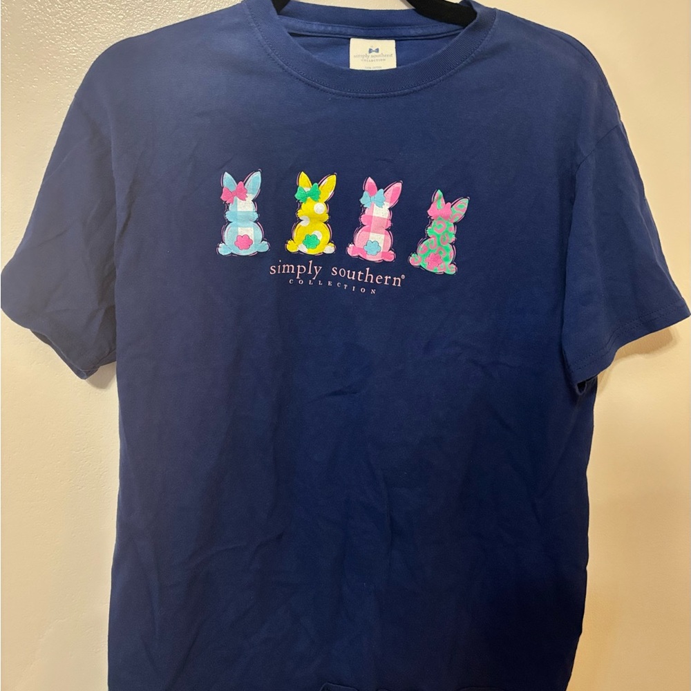 Simply Southern Navy Tee with Colorful Bunny Graphics